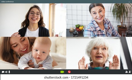 Family Chatting Distantly Using Video Conferencing Service. Young Mother Showing Cute Baby To Grandmothers And Sister Via Online Virtual Chat, Relatives Glad To See Adorable Child, Enjoying Group Call