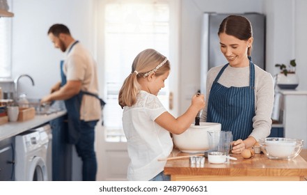 Family, child and bake in home kitchen, woman and kid assisting for culinary skills or bonding together. Man, cleaning and kid development or mixing ingredients, apartment and support for love - Powered by Shutterstock