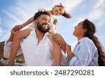 Family, child and shoulder smiling in nature together, bonding and weekend break or holiday with girl on father for support. Love, happiness and people or excited, sky and relationship or outside