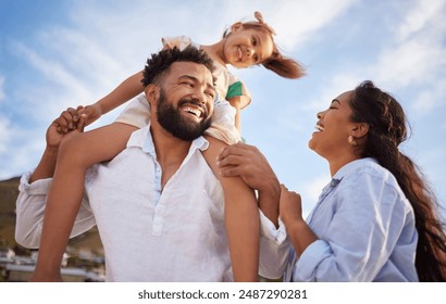 Family, child and shoulder smiling in nature together, bonding and weekend break or holiday with girl on father for support. Love, happiness and people or excited, sky and relationship or outside - Powered by Shutterstock