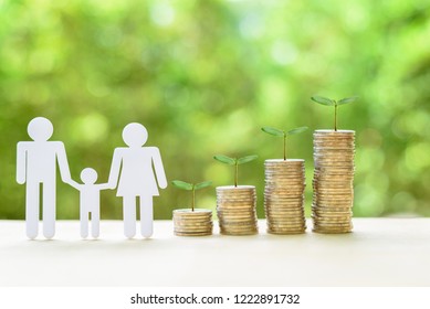 Family or child trust fund / fundraising concept : Family members, sprouts on coins on a table, depicts grantor establishes a trust fund to provide financial security to an individual e.g grandchild