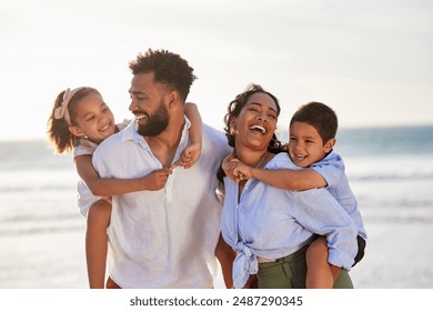 Family, children and beach smile or piggyback, sea and happiness on summer vacation in nature together. Playful, carrying and parents for support, love and weekend break for bonding with kids - Powered by Shutterstock