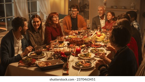 Family, Children, Friends and Young Couples Gather at Home for a Festive Christmas Evening. Diverse People Enjoy Delicious Turkey Feast and Share Heartwarming Conversations. Cozy Holiday Celebration - Powered by Shutterstock