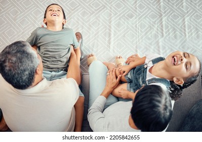 Family, Children And Grandparent Laugh, Happy And Having Fun On A Sofa From Above, Playing In A Living Room.