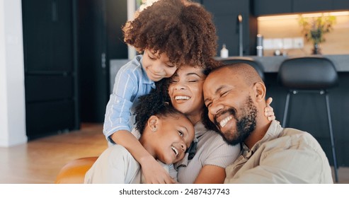 Family, children and happy hug for love with bonding together, healthy relationship and trust in home. Mother, father and kids with cheerful embrace for care, wellness support and relax with cuddle - Powered by Shutterstock