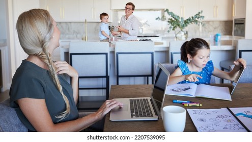 Family, Children Learning And Mother Work From Home On Laptop With Father Cooking In Busy House. Happy Parents Or Mom Working On Laptop, Girl With Tablet Drawing For Elearning And Kid Helping Dad