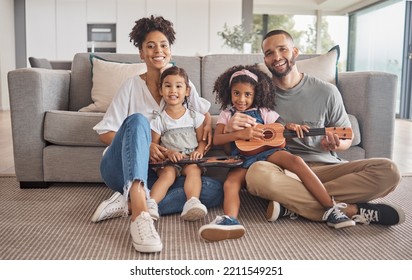 Family, Children And Music Learning Guitar, In Home Living Room And Fun Together. Black Family, Teaching And Instrument With Girl Kids On Floor Of Lounge In House With Ukulele, Love And Education