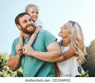 Family, children and nature with a girl, mother and father in a park for fun or adventure together. Kids, happy and love with a man, woman and daughter outdoor in a garden during summer vacation - Powered by Shutterstock