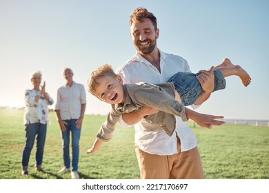 Family, children and playing with a man and son having fun outdoor in a field in nature with grandparents. Summer, kids and love with a playful dad and boy outside together for bonding on vacation - Powered by Shutterstock