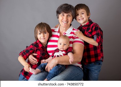 Family Christmas Portrait, Grandmother With Children, Isolated On Gray, Studio Image