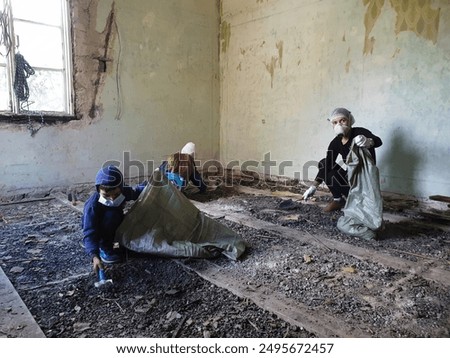 family cleaning up trash in apartment, room under renovation, boy and girl helping mother collect trash in bags, floor repair, lung protection from dust, poverty, family in poverty, cleaning