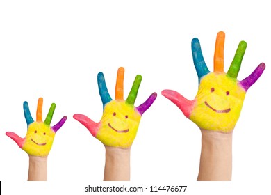 Family concept. Three colorful painted hands with smiling face of family, mother, father and baby. Small, medium and large hand. Symbol unity, growth, ready for your logo. Isolated on white background - Powered by Shutterstock