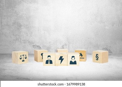 Family Conflict, Divorce Case. Wooden Cubes, Mediation Concept, Helping Marriages During Problems. Icon Of Man And Woman Over Judicial Symbols.