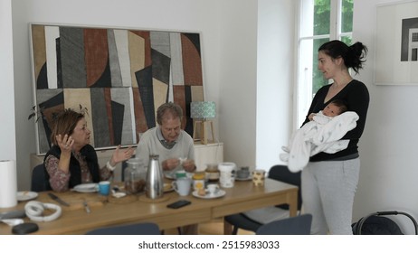 Family conversation during breakfast, multigenerational scene, newborn baby, elderly couple, cozy home, mother holding infant, casual morning, family bonding - Powered by Shutterstock