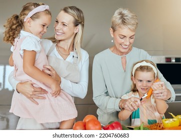 Family Cooking, Happy Lunch And Children Helping With Mother And Grandmother With Healthy Breakfast In Kitchen. Mom And Grandma Teaching Kids With Food, Smile For Health Salad And Nutrition Diet