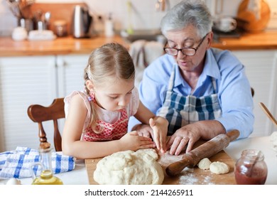 Family Cooking At Home. Grandmother And Child Baking Bread. Homemade Food