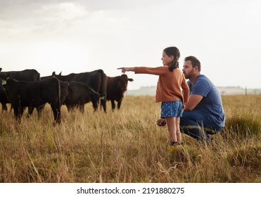Family, dairy farming and farmer with child, daughter and girl pointing, showing and watching cows or cattle. Father and curious kid bonding on farm estate with meat, beef and food industry - Shutterstock ID 2191880275