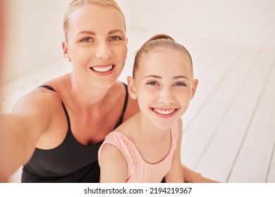 Family, Dance And Ballet With A Mother And Her Young Daughter Taking A Selfie In A Dancing Studio For The Performing Arts. Portrait Of A Child Ballerina And Her Parent Training For A Recital Or Show