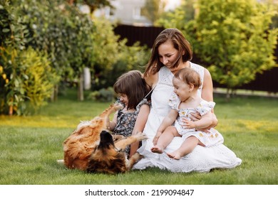 Family Day, Mother's Day. Beautiful Smiling Young Mom And Two Child Daughters Cuddling Happy Domestic Dog On The Backyard Lawn. Idyllic Family Having Fun With Pet Outdoors On Summer Holiday