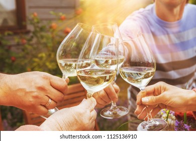 Family of different ages people cheerfully celebrate outdoors with glasses of white wine, proclaim toast People having dinner in a home garden in summer sunlight