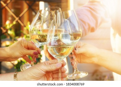 Family Of Different Ages People Cheerfully Celebrate Outdoors With Glasses Of White Wine, Proclaim Toast