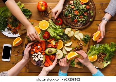 Family Dinner Table. Women At Home Together, Eat Healthy Food, Top View, Flat Lay, Crop