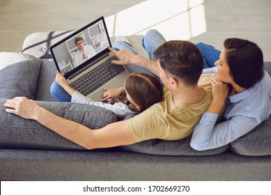 Family Doctor Call Online. Family Patients Consult Doctor Online Laptop While Sitting At Home.