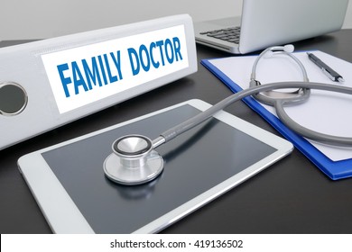 FAMILY DOCTOR Folder On Desktop On Table. Ipad