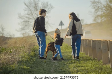 A Family With A Dog Makes A Hiking Trip With A Dog, Travelers With A Child Walk Along A Dusty Road