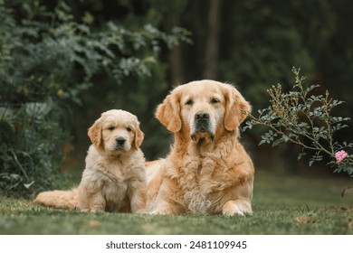 family dog ​​golden retriever labrador on the road. adult golden retriever dogs with cute newborn puppies