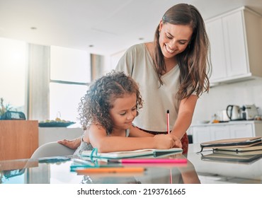 Family Doing Homework In Notebook, Mother Helping Child With School Work At Home And Doing Class Project For Education In Books. Creative Girl Writing For Learning And Planning Schedule In Journal
