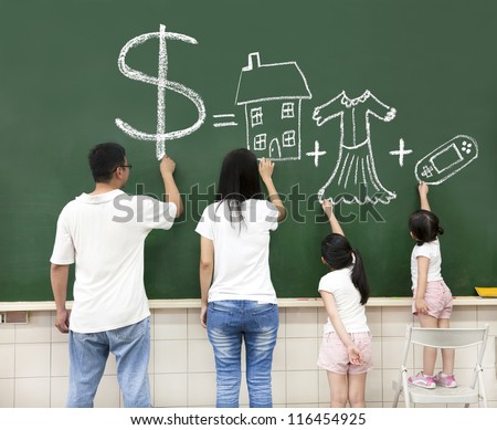 family drawing money house clothes and video game symbol on the chalkboard