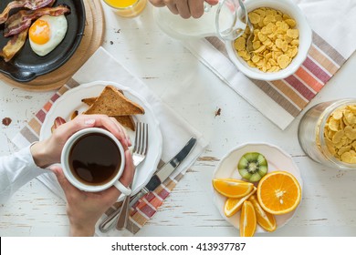 Family Eating American Breakfast