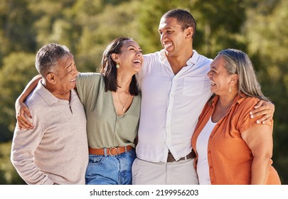 Family, Elderly Parents And Together In Nature To Bond In Outdoor Landscape With Happy People. Care, Love And Support In Positive Relationship With Relatives Enjoying Time With Each Other.