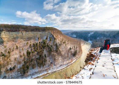 Family Enjoying The View At Letchworth State Park In The Winter 