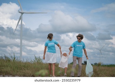 A family enjoys a day outdoors, participating in environmental cleanup while surrounded by wind turbines, promoting sustainability and teamwork. - Powered by Shutterstock