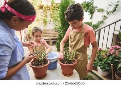 A family enjoys gardening together, with children planting in pots outside. The scene captures teamwork, learning, and nature, fostering connection between family members in a sunny garden. - Powered by Shutterstock