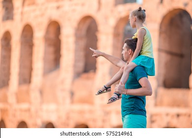 Family In Europe. Happy Father And Little Adorable Girl In Rome During Summer Italian Vacation