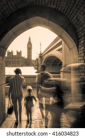 Family Exploring London With Big Ben And Westminster Bridge In Vintage Sepia Look