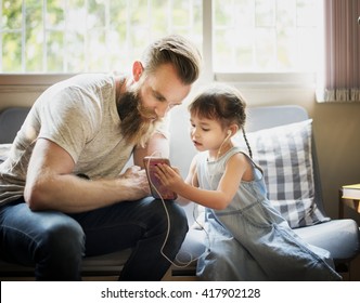 Family Father Daughter Love Parenting Listening Music Togetherness Concept