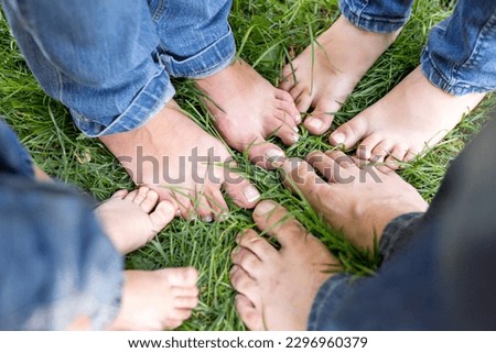 family feet on lawn in green grass
