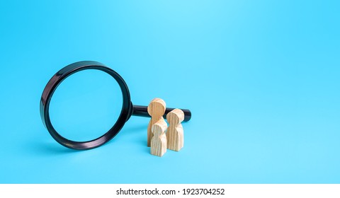 Family Figurines And Magnifying Glass. Dating, Searching For People. Research, Health Monitoring. Population Information Register Data. Social Research, Marketing. Sociology. Search Concept. Adoption.