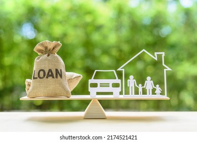 Family financial management, mortgage and payday loan or cash advance concept : Loan bags, family in a house on balance scale, depicts short term borrowing, high interest rate based on credit profile - Shutterstock ID 2174521421