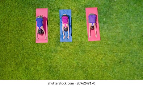 Family Fitness And Sport Outdoors, Group Of Active Girls Doing Workout In Park, Active Women Exercising Outdoor On Green Grass, Aerial Top View From Above
