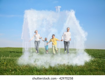 Family Of Four Running On Grass And Dream Cloud House Collage