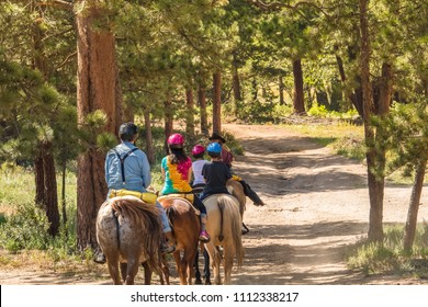 Family Of Four Taking A Horseback Riding Lesson In The Woods In Rocky Mountains, Colorado, In The Summer