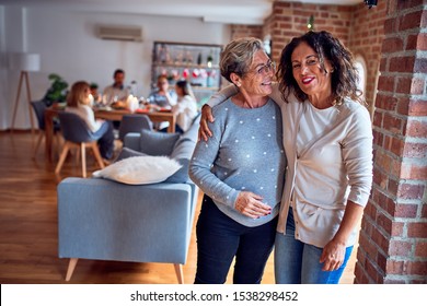 Family and friends dining at home celebrating christmas eve with traditional food and decoration, women talking together happy and casual - Powered by Shutterstock