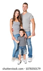 Family Full Lengrh Portrait, Mother Father And Child, Happy Parents With Kid Son, Three People Over White Background Looking At Camera