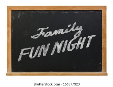 Family Fun Night Hand Drawn In White Chalk On A Black Chalkboard Isolated On White