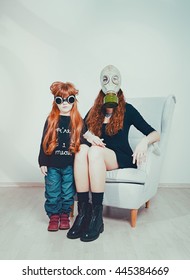 Family In A Gas Mask Daughter And Mother